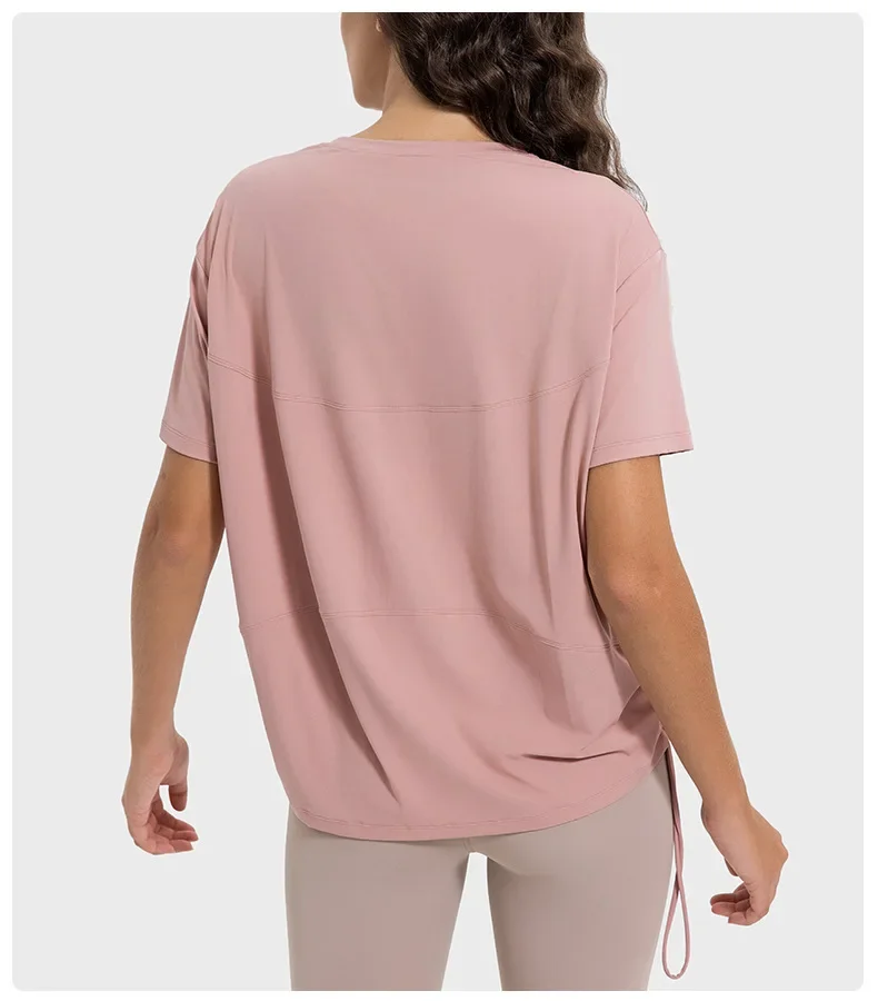 Back Action Relaxed Fit Boatneck T-Shirt Soft Oversize Yoga Short Sleeve Running Shirt Long Length Keeps Bum and Hips Covered image 3