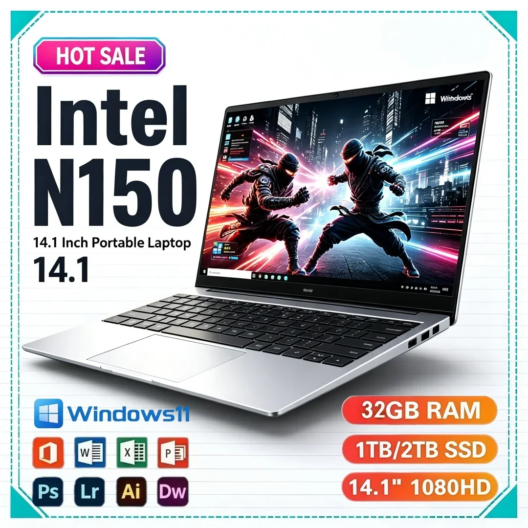 14.1 Inch Wanted Ultra Slim Laptop Intel Core N150 Office Study BIG SSD Portable Windows11 16/32GB RAM 1TB/2TB