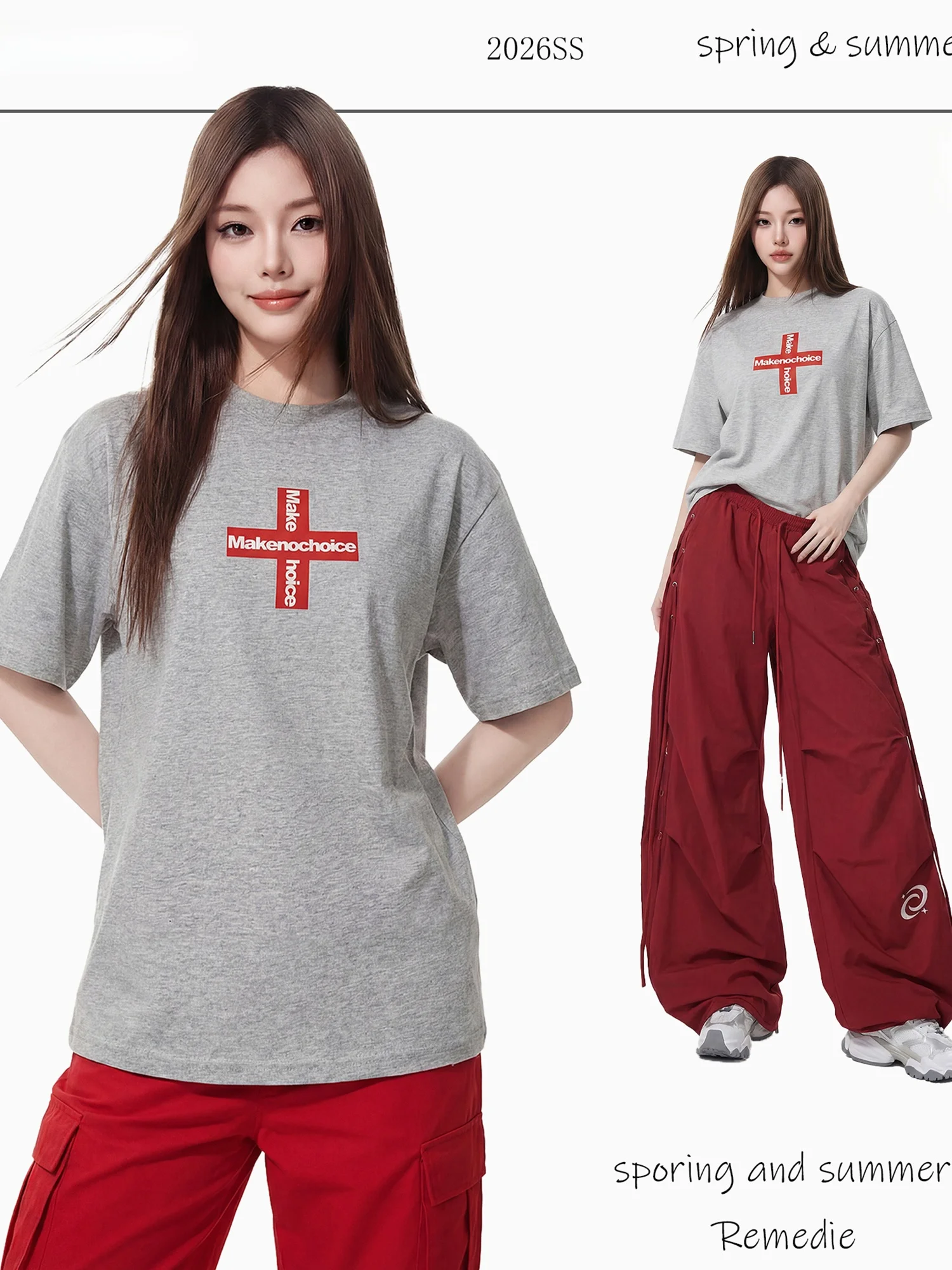 Retro American Cross Letter Print Splicing Color Block Short Sleeve T-Shirt Women Summer Loose Trendy Cotton round Neck Top