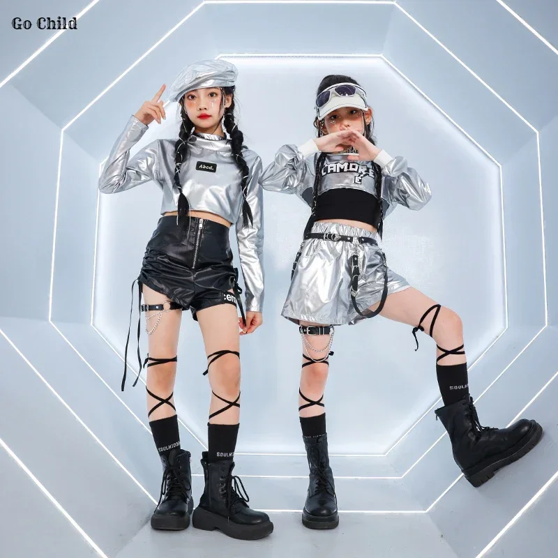 Girls K-pop Silver Crop Top Hoodies Shiny Street Dance Shorts Kids Hip Hop Streetwear Children Jazz Girl Group Cool Clothes Sets