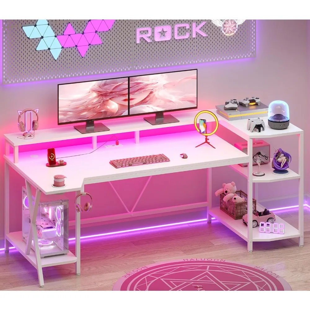 

White Gaming Desk 70.8'' with LED Lights and Storage Shelves, Computer Desk with Monitor Stand, Power Outlets and Cup Holder