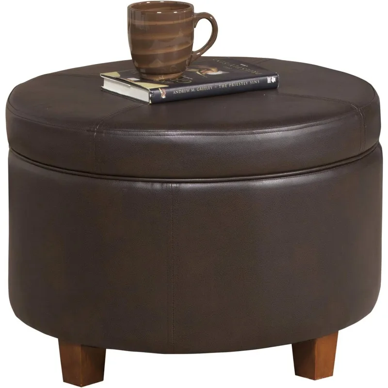 Round Leatherette Storage Ottoman with Lid, Faux Leather Stools