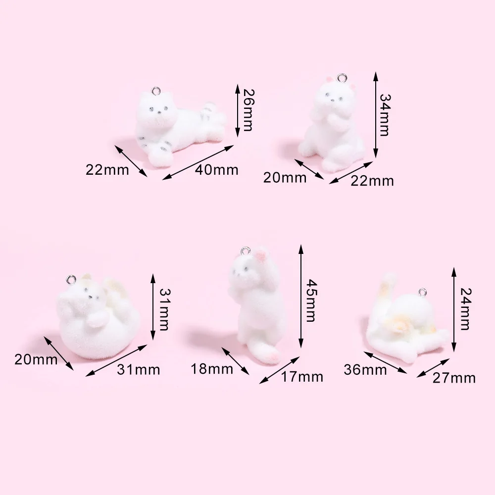 20 buah 3D Kawaii Flocking kucing Resin jimat indah miniatur kucing hewan liontin untuk gantungan kunci anting DIY kerajinan perhiasan membuat