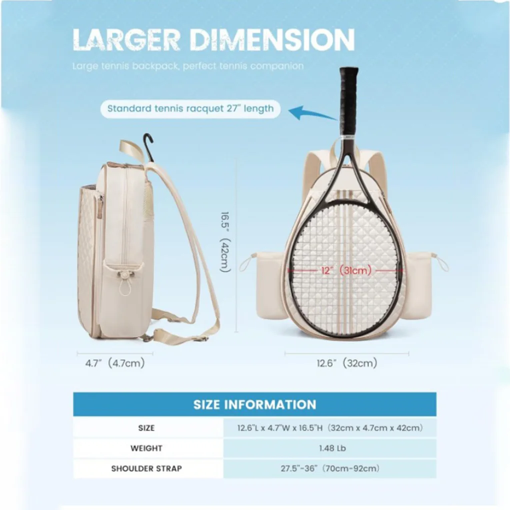 حقيبة تنس بسحاب للإغلاق، سعة كبيرة، مقاومة للماء، حقيبة كروس للتنس، حزام قابل للتعديل، حقيبة ظهر لمضرب التنس من البوليستر #6
