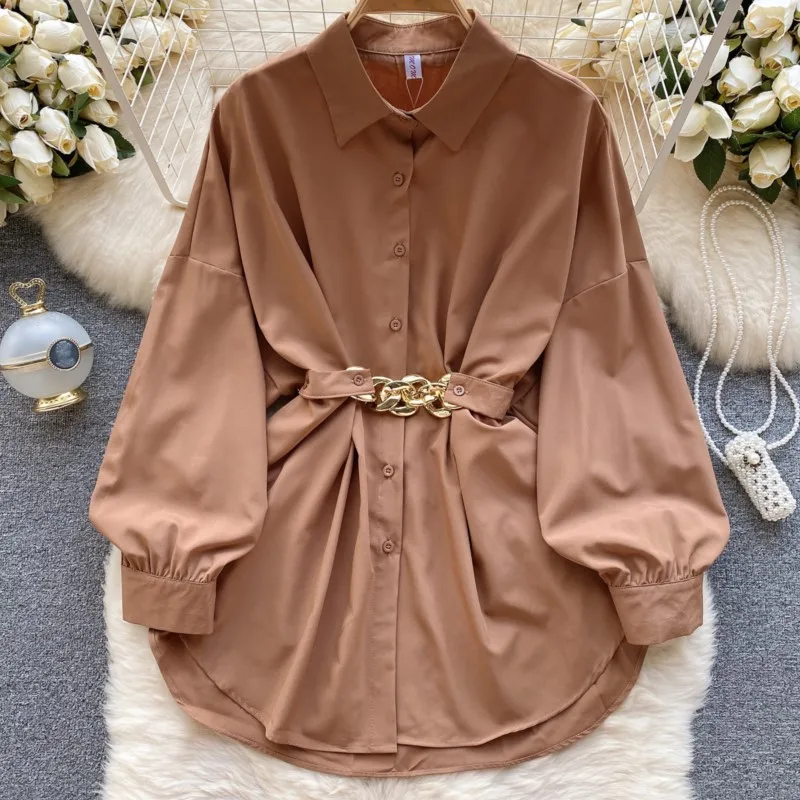 Spring Women Vintage Chic Solid Shirts Long Sleeve Casual Elegant Business Party Blouses with Belted Female Fashion Tops Clothes