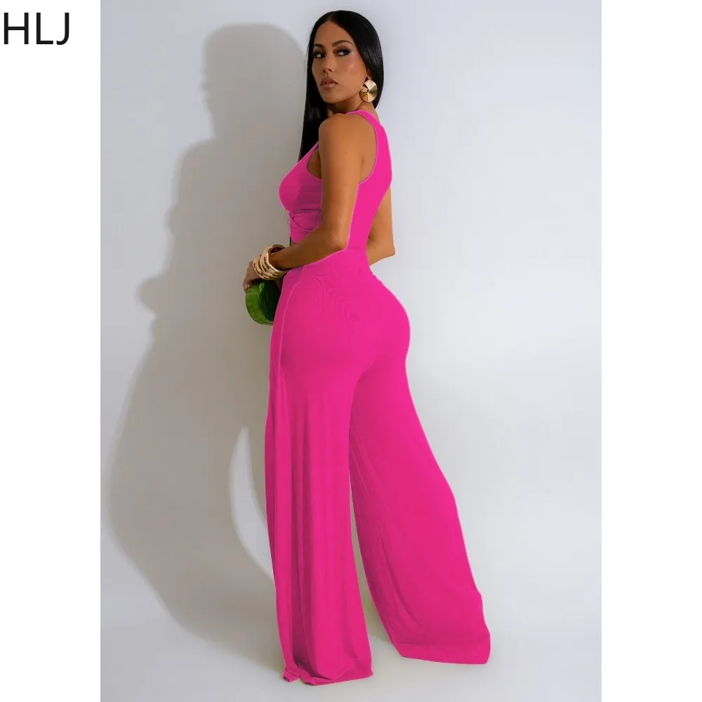 HLJ Fashion Solid Slit Wide Leg Pants Two Piece Sets Women Round Neck Sleeveless Crop Top + Pants Outfits Female 2pcs Streetwear