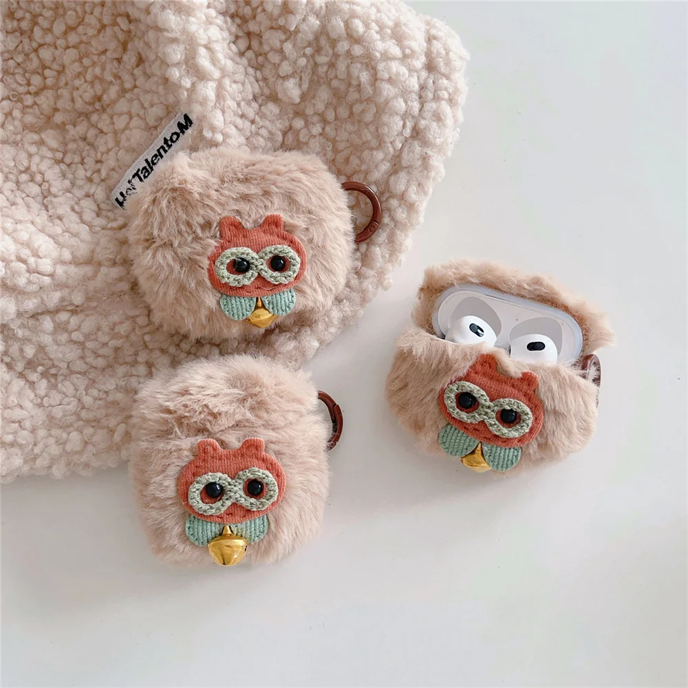 

Plush headset Case for Apple Airpods 3 pro 2 1 Cute bell Owl wireless Bluetooth Earphone Charge box Cover Headphones Cases