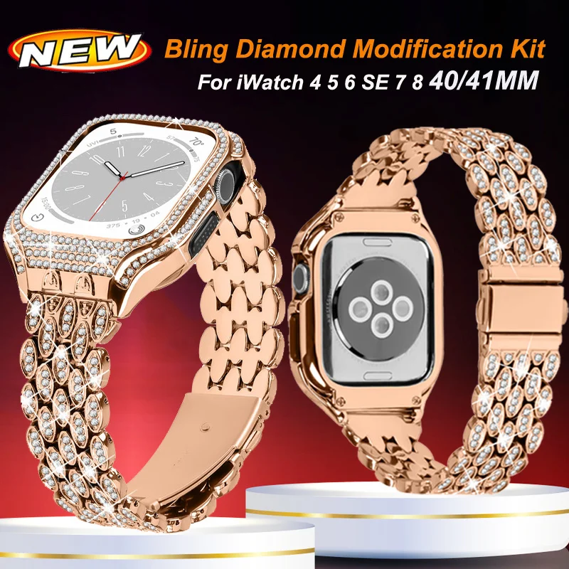 Bling Diamond Modification Kit Case+Strap For Apple Watch Band 41mm 40mm Women Fashion Metal Bracelet For iWatch SE 6 7 8 Cover