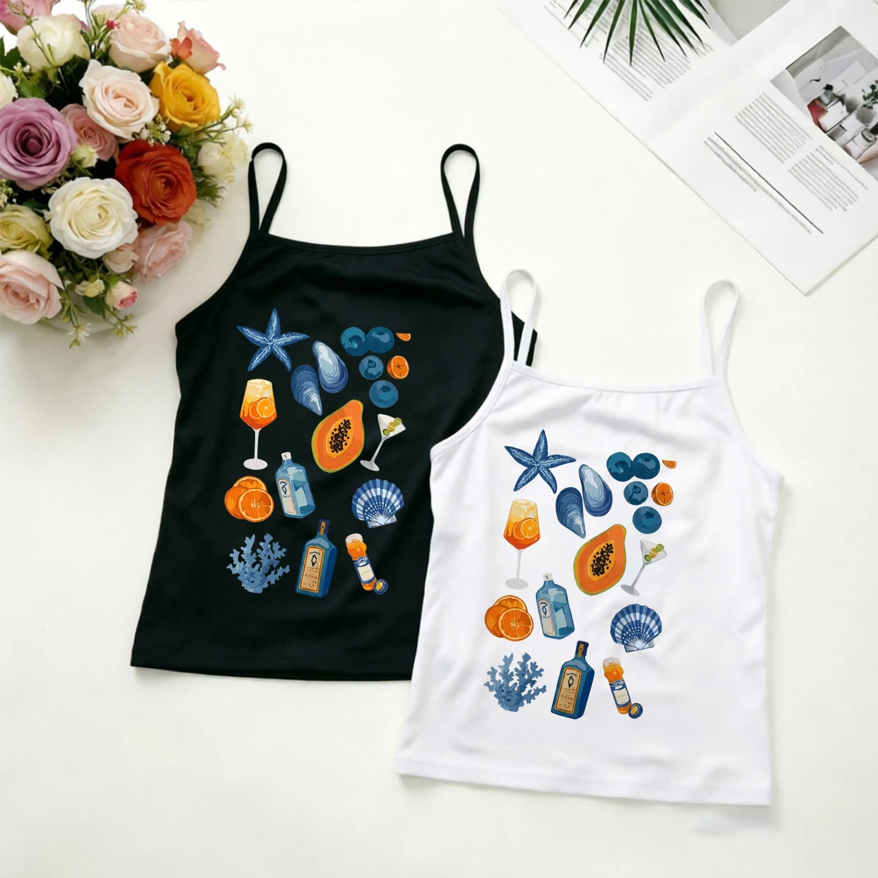 Vintage Mediterranean Summer Pattern Cami Top Cute Beach Sea Life Print Camisole Casual Sleeveless Holiday Tank Top Women