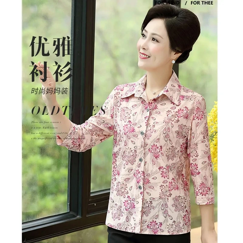 Middle Age Women Blouse Summer New Casual Fashion Mother Three Quarter Sleeves Shirt Print Cardigan Blusa Feminina Tops 5XL W961