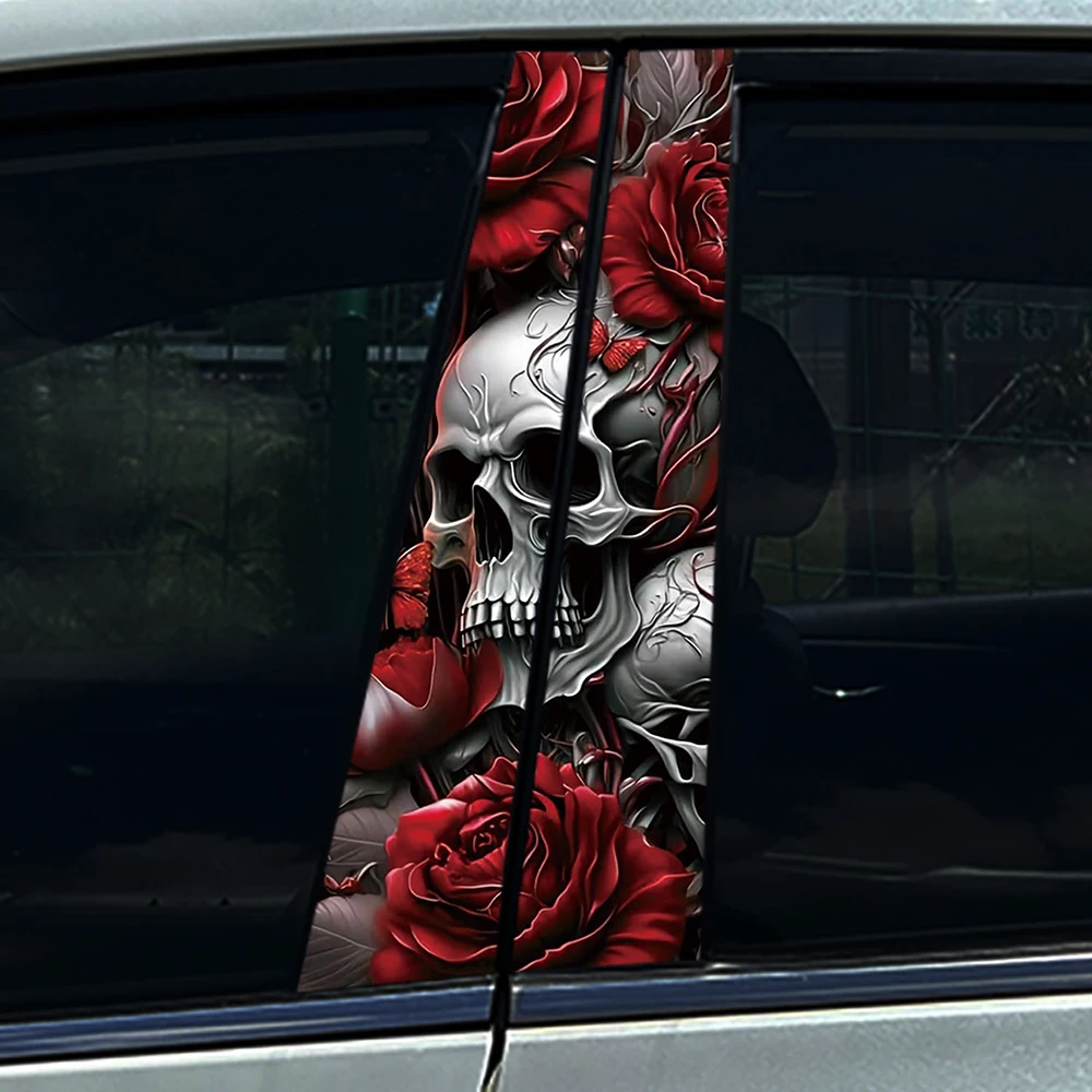 Skeleton Skull And Rose Car B-pillar Stickers Car Center Column Decoration Cover Scratches Waterproof Decals Car Accessories