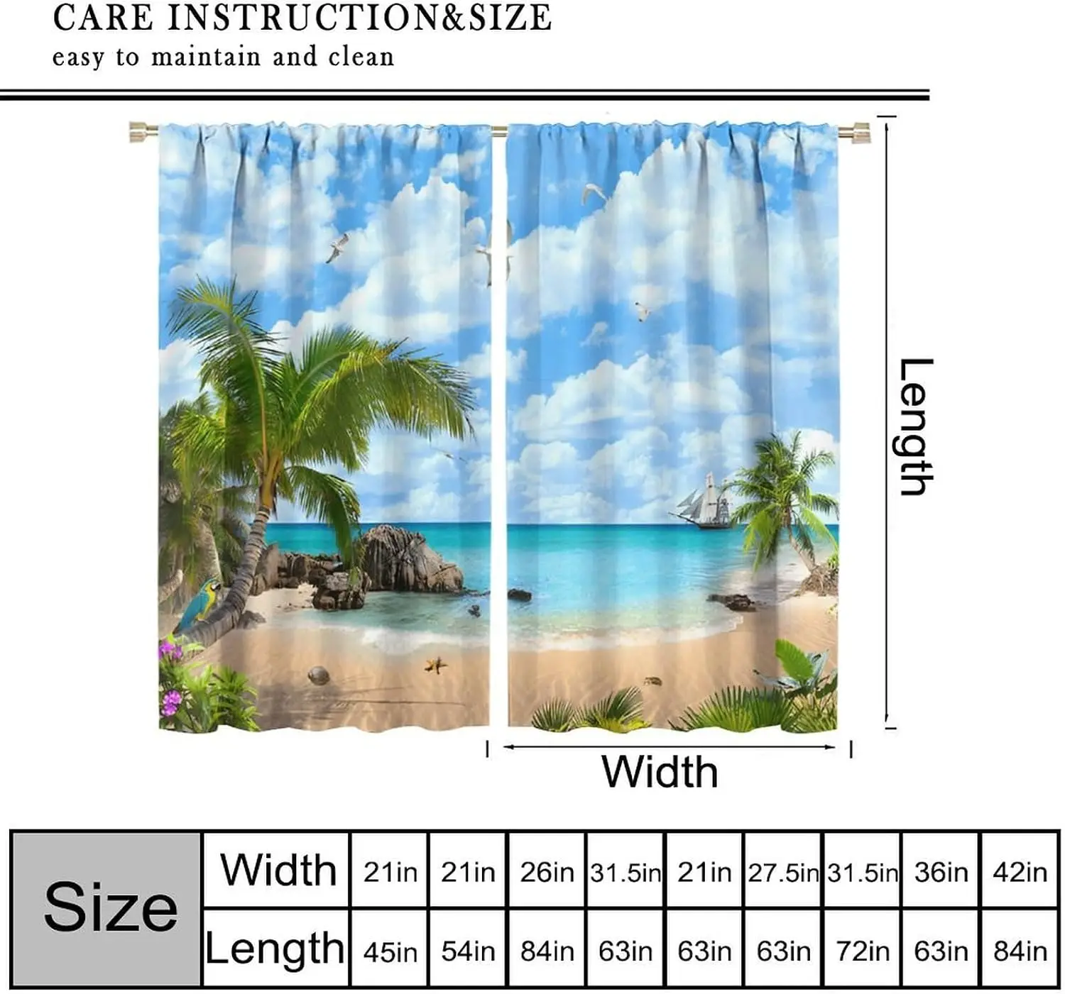 Tropical Beach Curtains Polyester Window Panels Ocean View Summer Vacation Paradise Coastal Curtains House Decor Shower Curtain