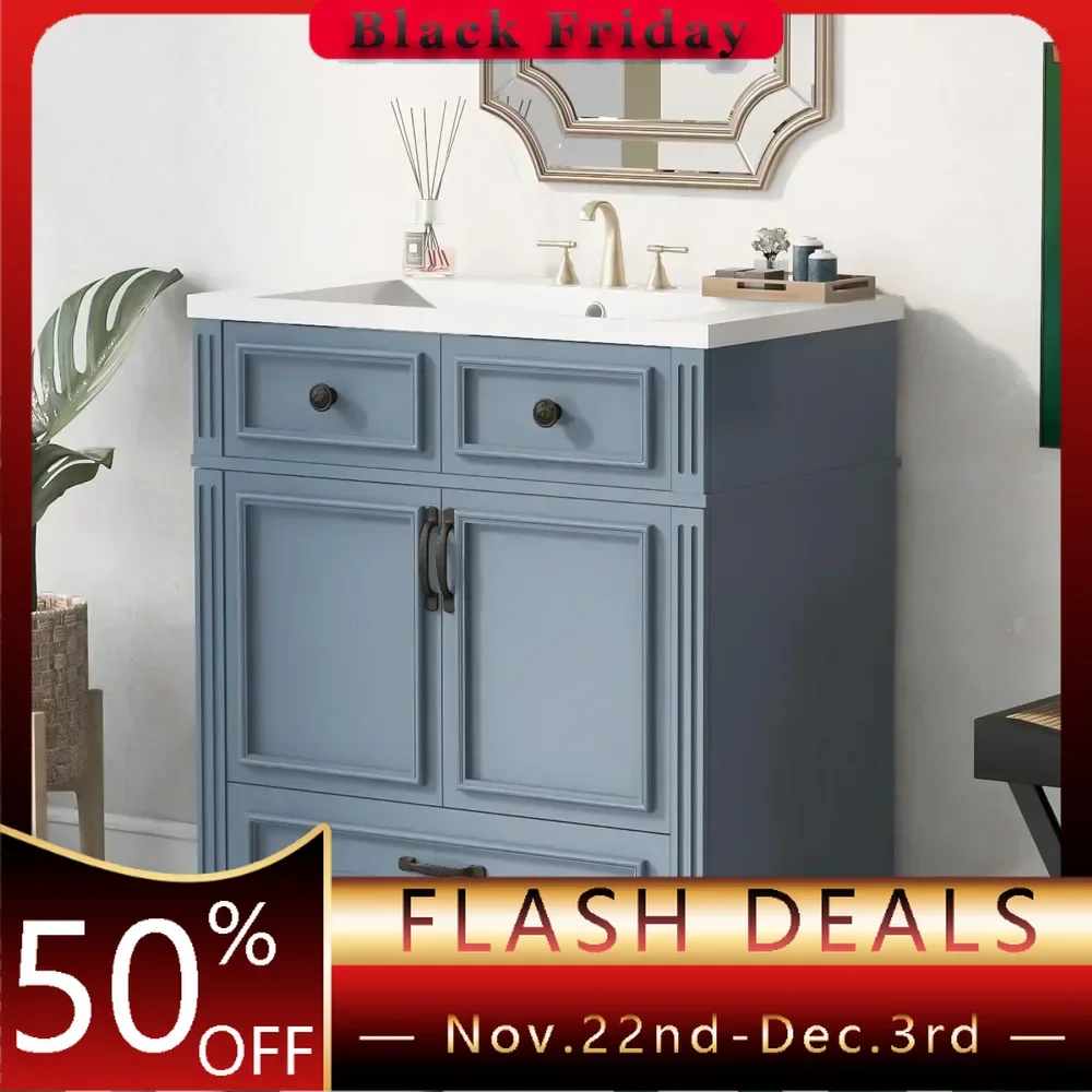 30 Inch Bathroom Vanity with Sink Combo, Solid Wood Frame Bathroom Storage Cabinet with 2 Doors and 1 Drawer, Freestanding