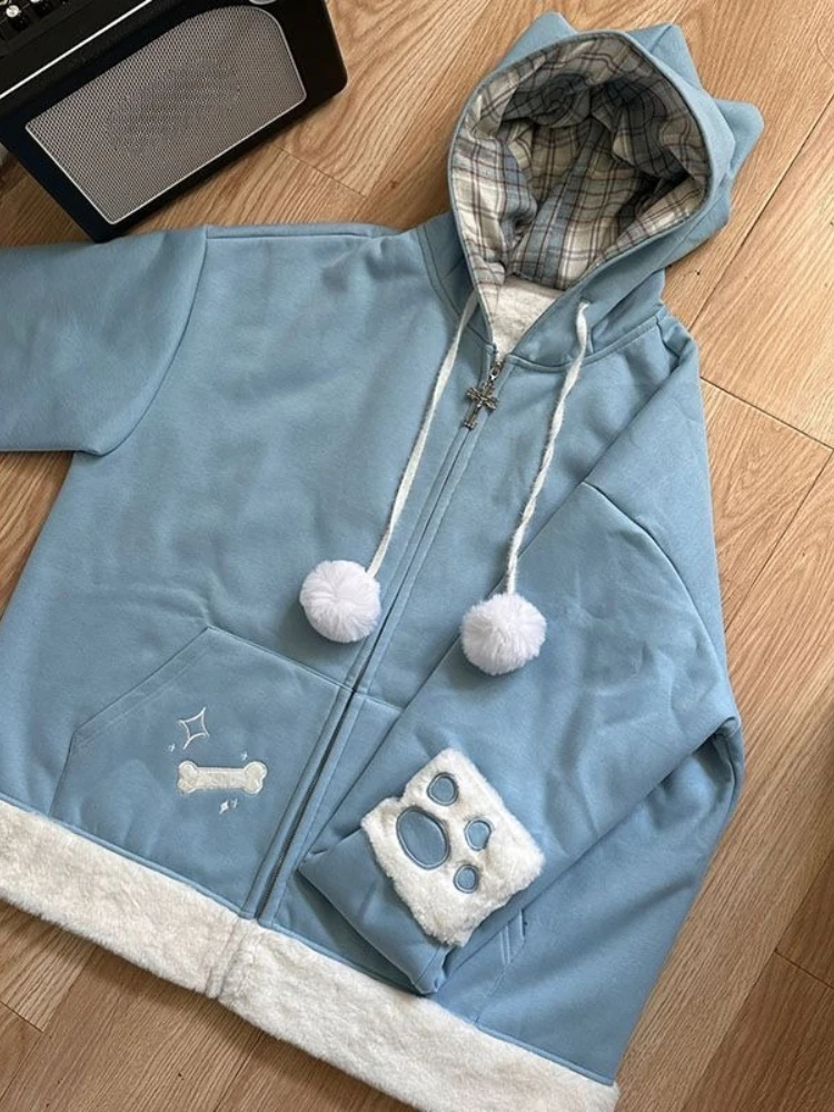 Sudadera con capucha y pata de oreja de gato con bordado de Anime japonés para mujer, abrigo de lana Kawaill dulce, chaqueta de moda Harajuku Y2k para invierno, nueva