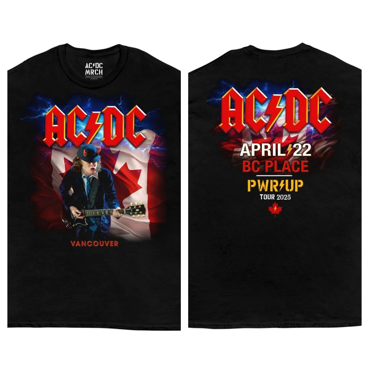 Koszulka AC/DC z motywem Vancouver Show: Czarna baza z logo zespołu, zdjęciem członka i motywem flagi kanadyjskiej, gadżet dla fanów, koszulka damska