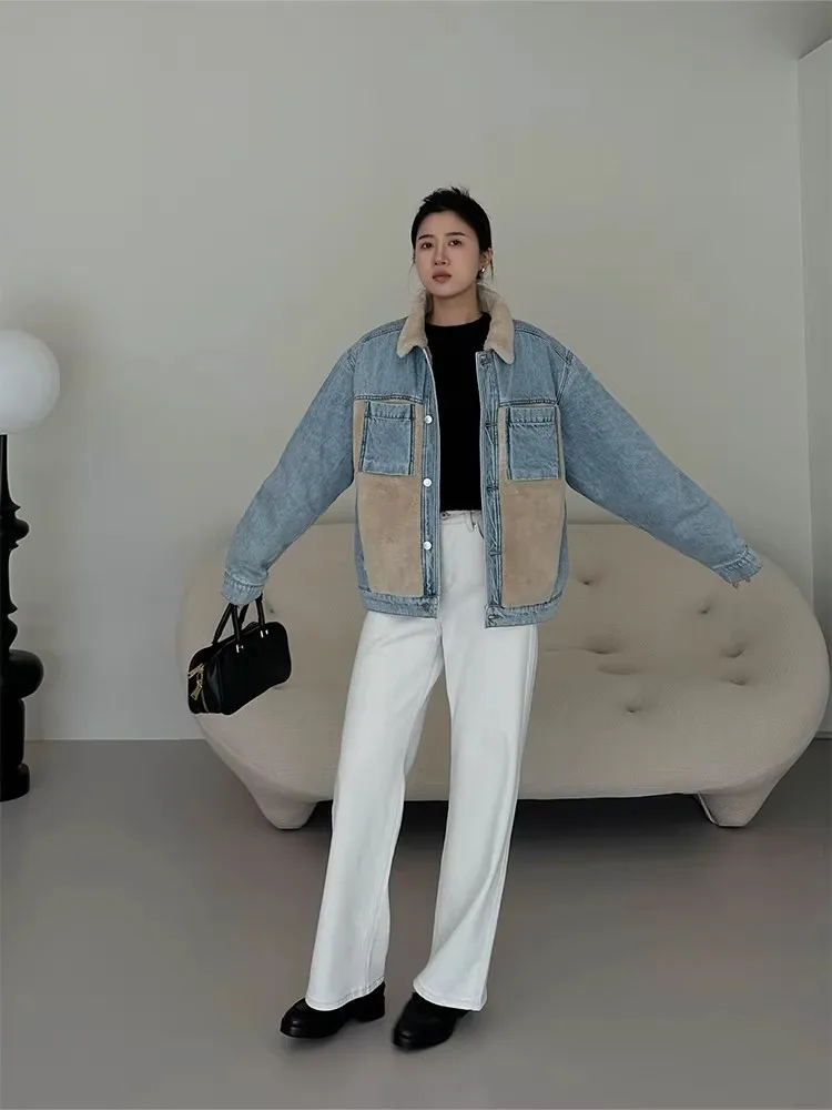 

Warm eepskin Denim Jaet Street Sle Loose Fit Long Sve Mid-Length Single Button Closure Polyester Fabric Coat