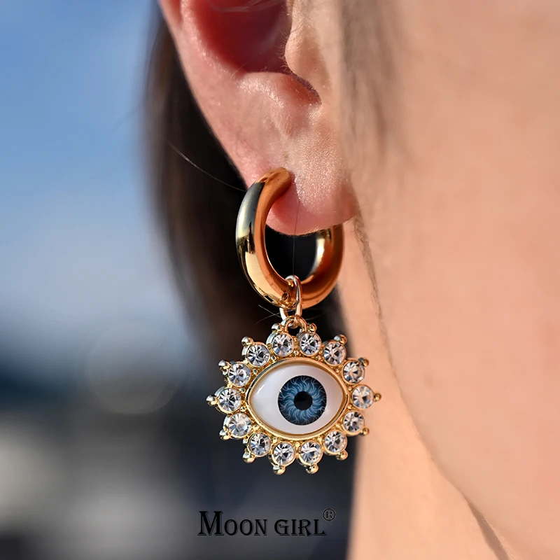 Stainless Steel Hoop Earrings for Women Rhinestone Alloy Evil Eye Fashion Ear Buckle Jewelry Accessories MOON GIRL