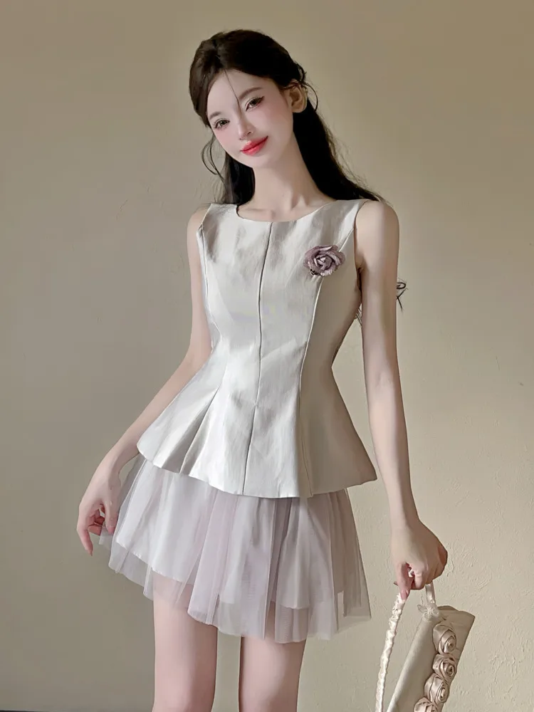 2025 Summer New Korean Sweet Three-dimensional Flower Bow Tops + Skirt 2 Piece Sets Women Outfit Conjuntos Femininos Elegantes