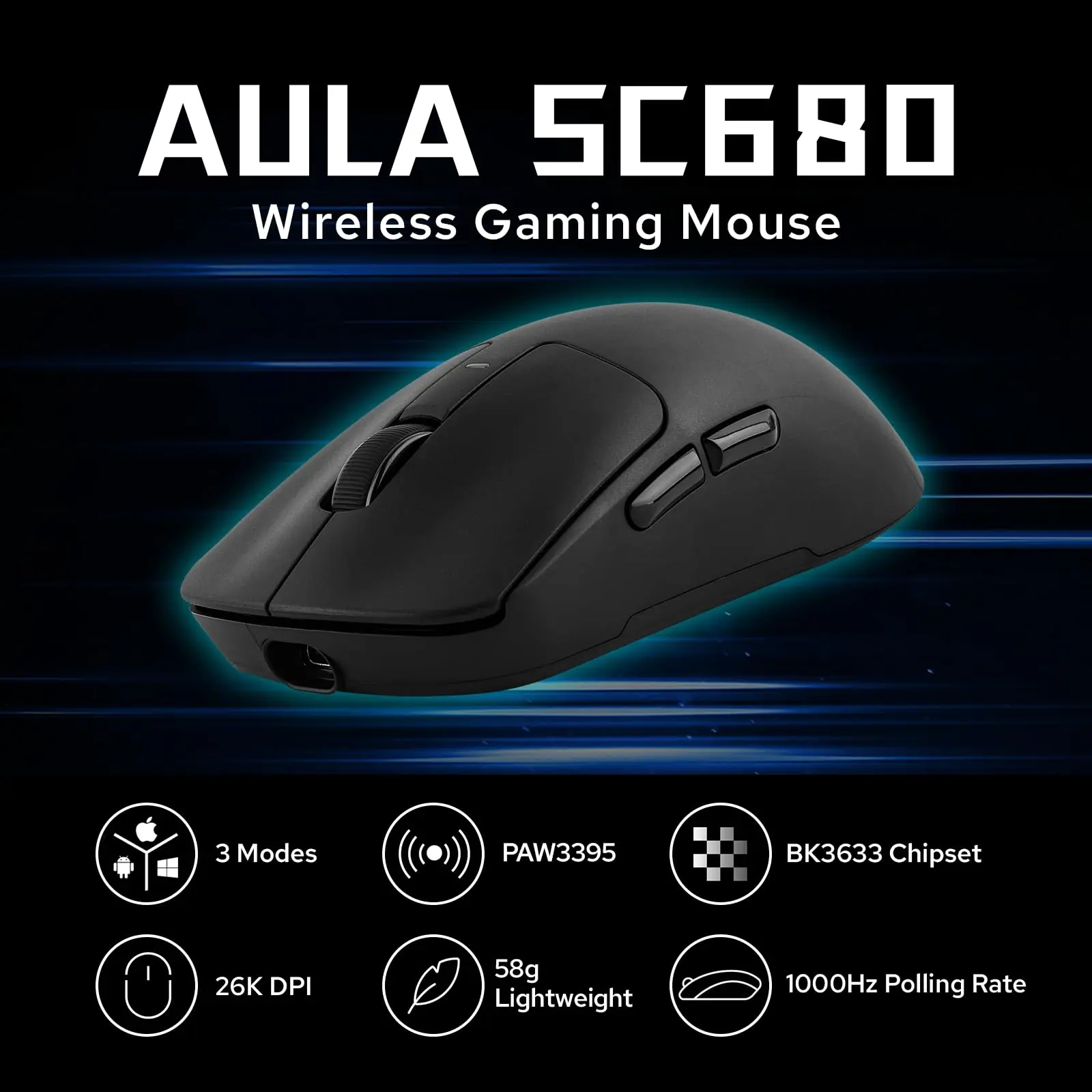 Aula SC680 Ergonomic Gaming Mouse With Adjustable 26000 DPI PAW3395 Sensor BT5.0/2.4GHz/Wired Tri-Mode Connections For PC/Laptop