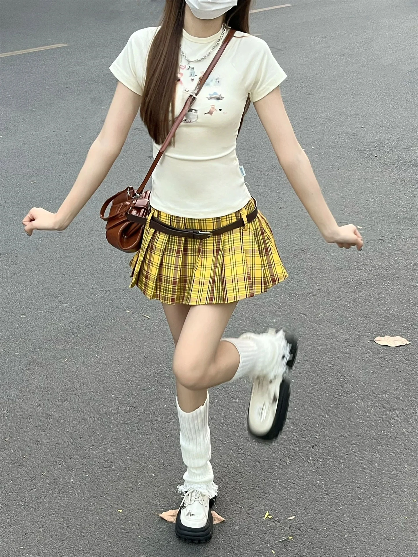 

plus Size Plaid Pleated High Waist Short Skirt Women's Spring Autumn Yellow Grid Skirts Slimming Hip Covering School Style
