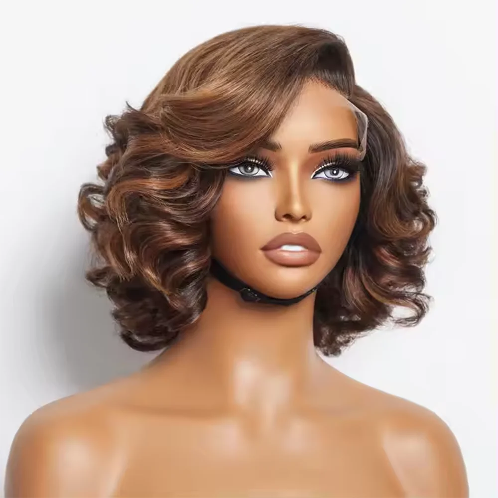 T2/30 Bouncy Curly Human Hair Wigs Brazilian Remy Highlight Lace Closure Wigs Pre Plucked Lace Front Human Hair Wigs Transparent