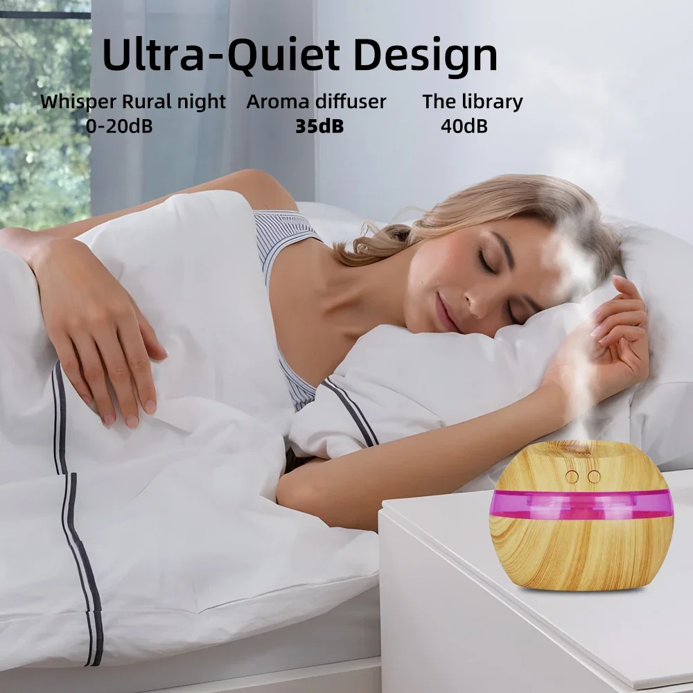 مرطب حبوب الخشب USB سعة 300 مل مع زيتين أساسيين، 7 مصابيح LED ملونة، هادئ للغاية، إيقاف تلقائي