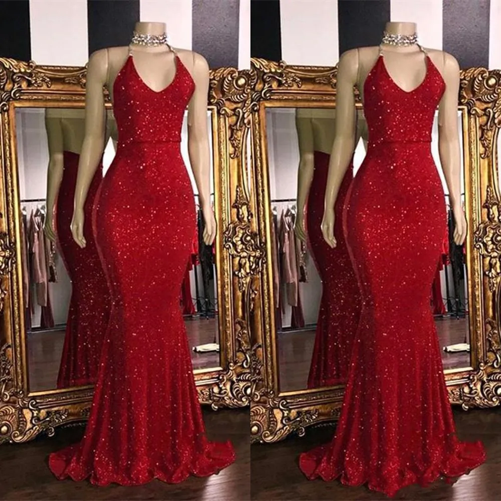 

Sparkly Red Mermaid Prom Dresses Sexy Halter Sequined Tulle Formal Evening Gowns Dubai Arabic Sirène Longue Robe De Soiree