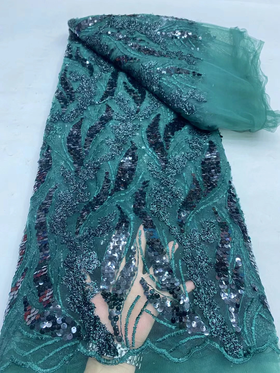 

NDPN348 Green!Hot sale African net lace fabric with sequins,good quality embroidered French tulle lace for party/wedding dress
