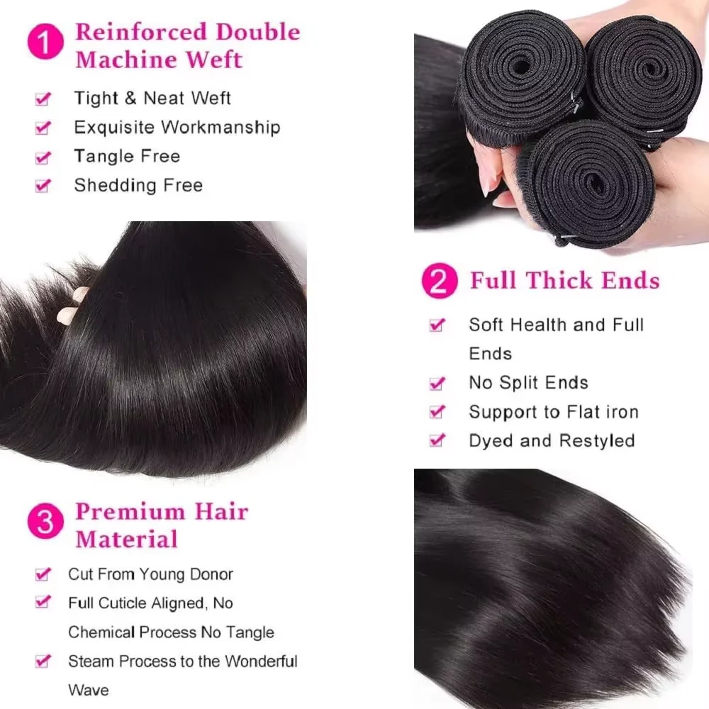 Pacotes de Cabelo Humano Liso 16A, 30-34 Polegadas, Cabelo Virgem Cru Brasileiro Preto, 100% Não Processado, Extensões de Cabelo Humano