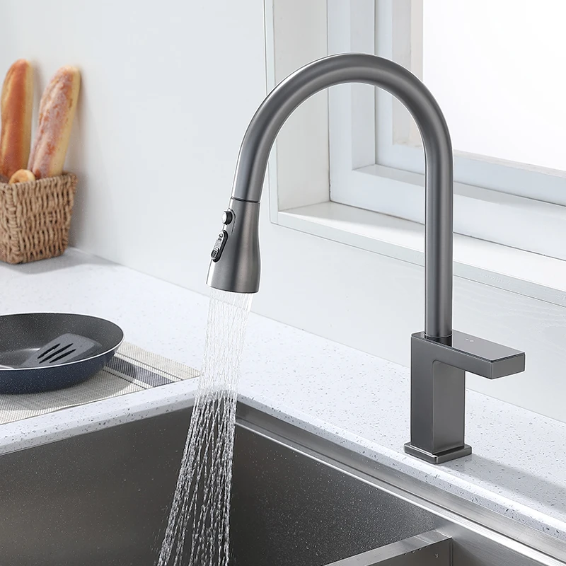 Touchless automatic sensor smart sink water tap mixer modern digital electric touch gun grey 3 way pull out down kitchen faucet