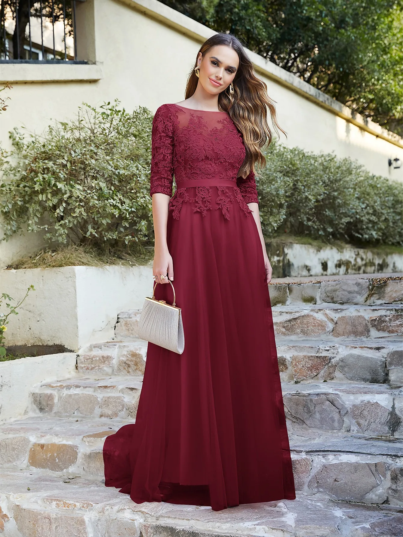 Robes élégantes A-Line Scoop pour femmes, fente haute, appliques demi-manches, longueur au sol, événements spéciaux, Rh