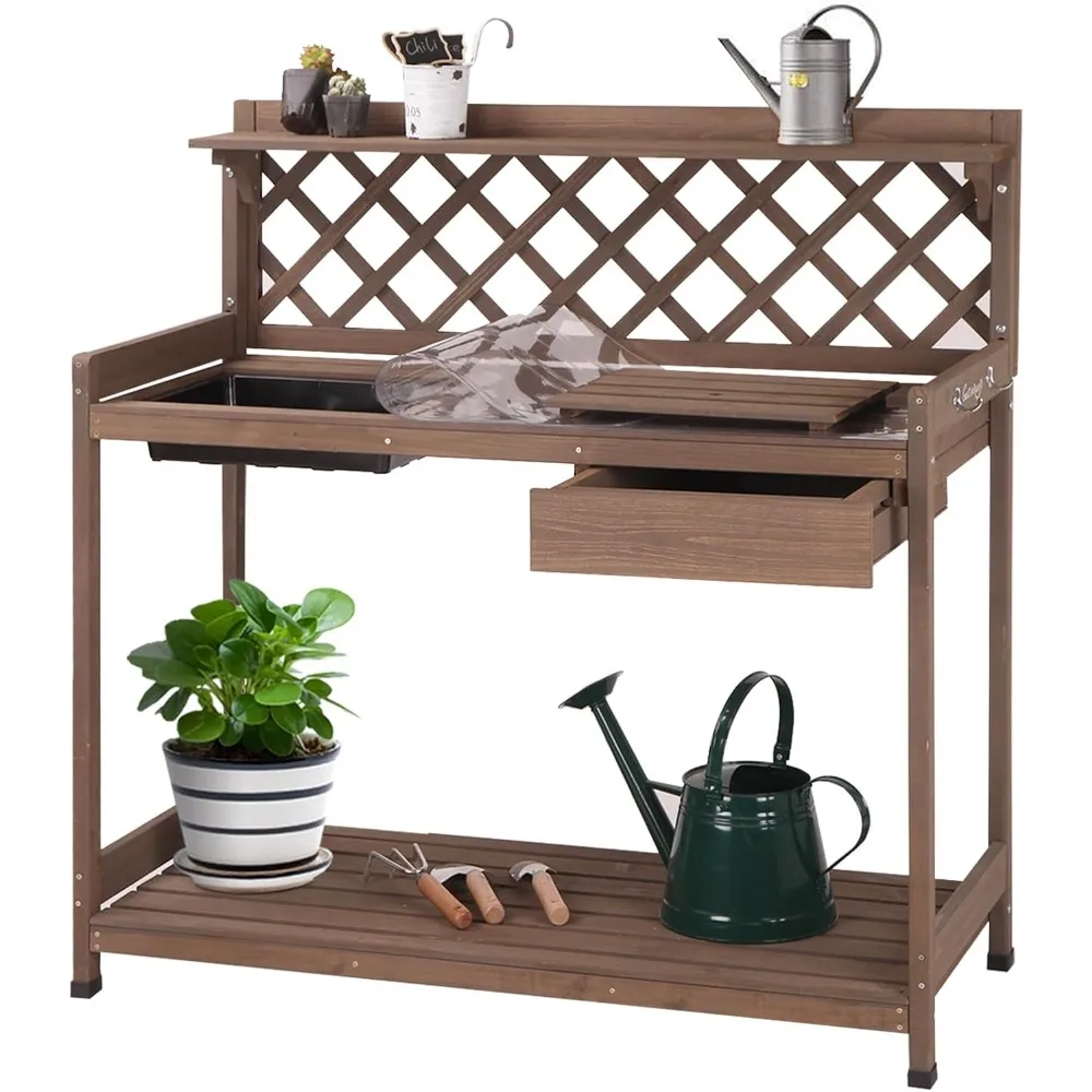 

Potting Bench Outdoor with PVC Layer Wooden Planting Table with Sink & Lid Gardening Work Bench with Drawer, Shelf, Hook