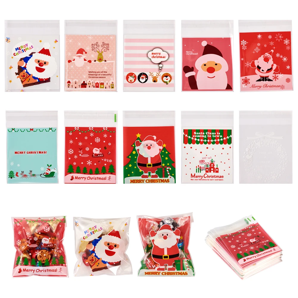 

200Pcs Christmas Theme Plastic Bakeware Bag with Self-adhesive for Chocolate Candy Cookies Wrapping Pouches Square Mixed Color