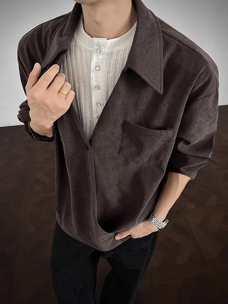 

Американская текстура Long Sve Мужская irt Винтажный дизайн oulder V-ne Универсальная повседневная одежда из полиэфирного волокна Осенняя irt