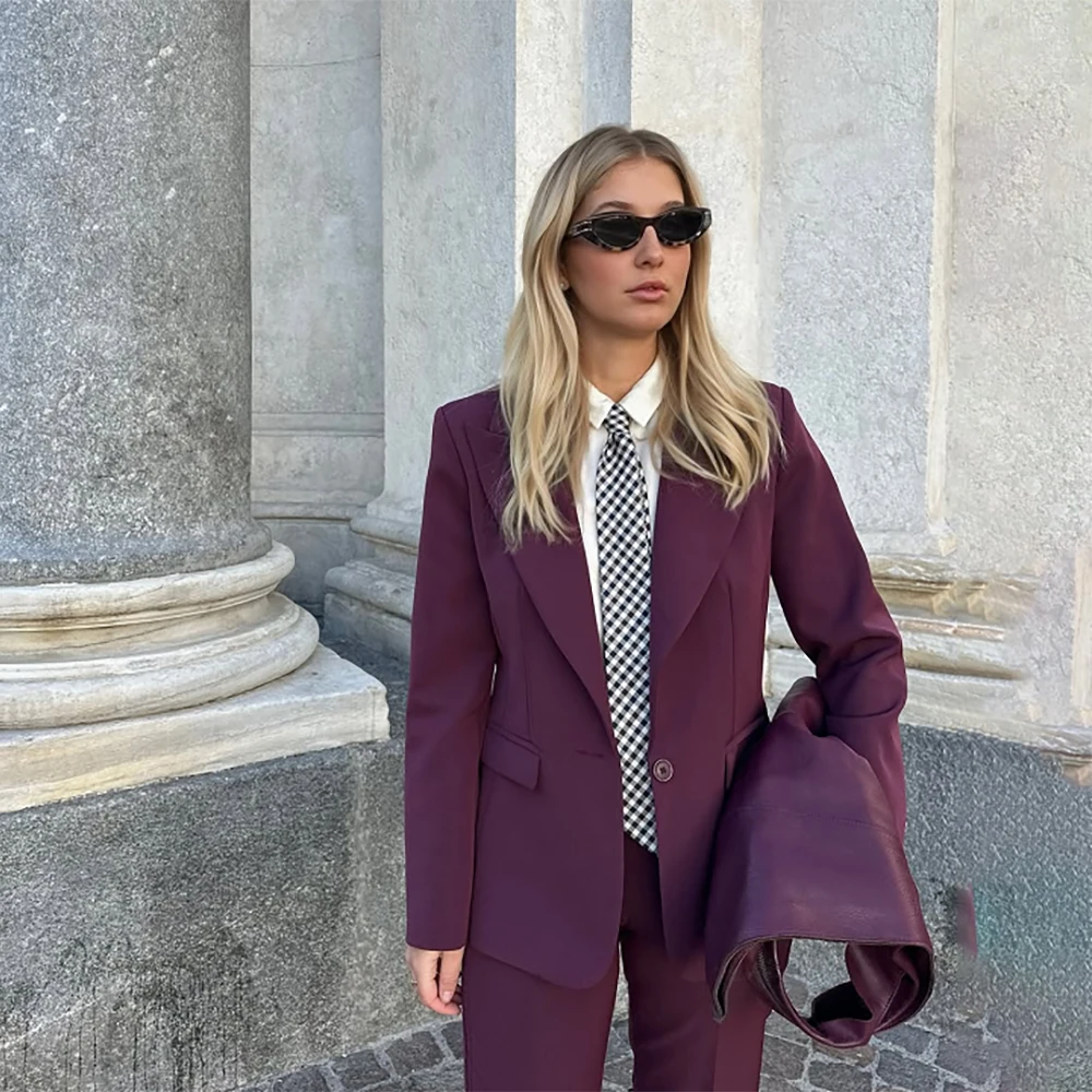 

Elegant Purple Women's Suits Chic One-Button Peak Lapel Office Lady Blazer High Quality Customized 2 Piece Jacket Pants Sets