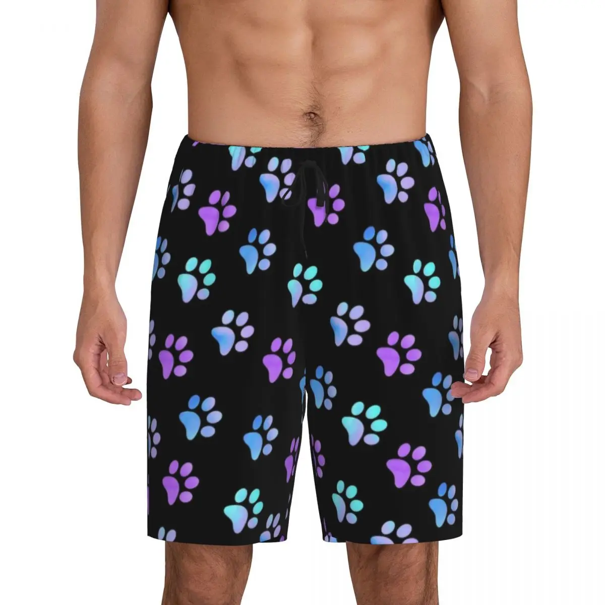 Custom Printed Men's Blue Purple Galaxy Paw Pajama Bottoms Animal Pet Sleepwear Pjs Sleep Shorts with Pockets