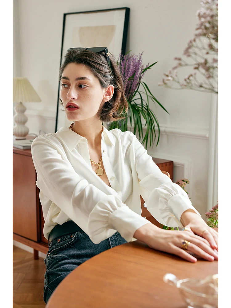 SuyaDream, Woman White Shirts, 95%Mulberry Silk 5%Spandex, Turn Down Collar Solid Blouses 2024 Spring Summer Office Lady Top