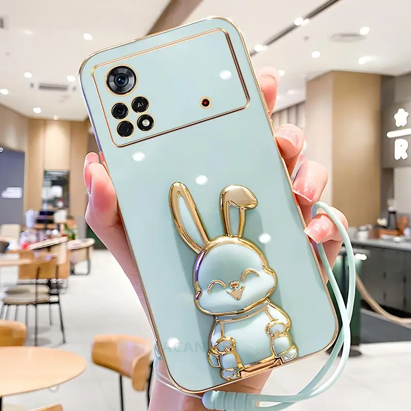 Pocox4pro Luxury Plating Rabbit Holder Case On For Xiaomi Mi Poco X4 M4 Pro 4g X4pro 5g X5 C55 C40 X3 F4 Lanyard Silicone Cover