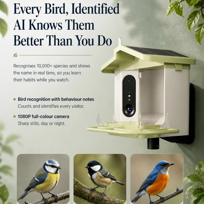 WiFi Smart Bird Feeder with Camera AI Bird Species Identify Solar Powered Wireless 1080P HD Bird Camera for Outside Garden