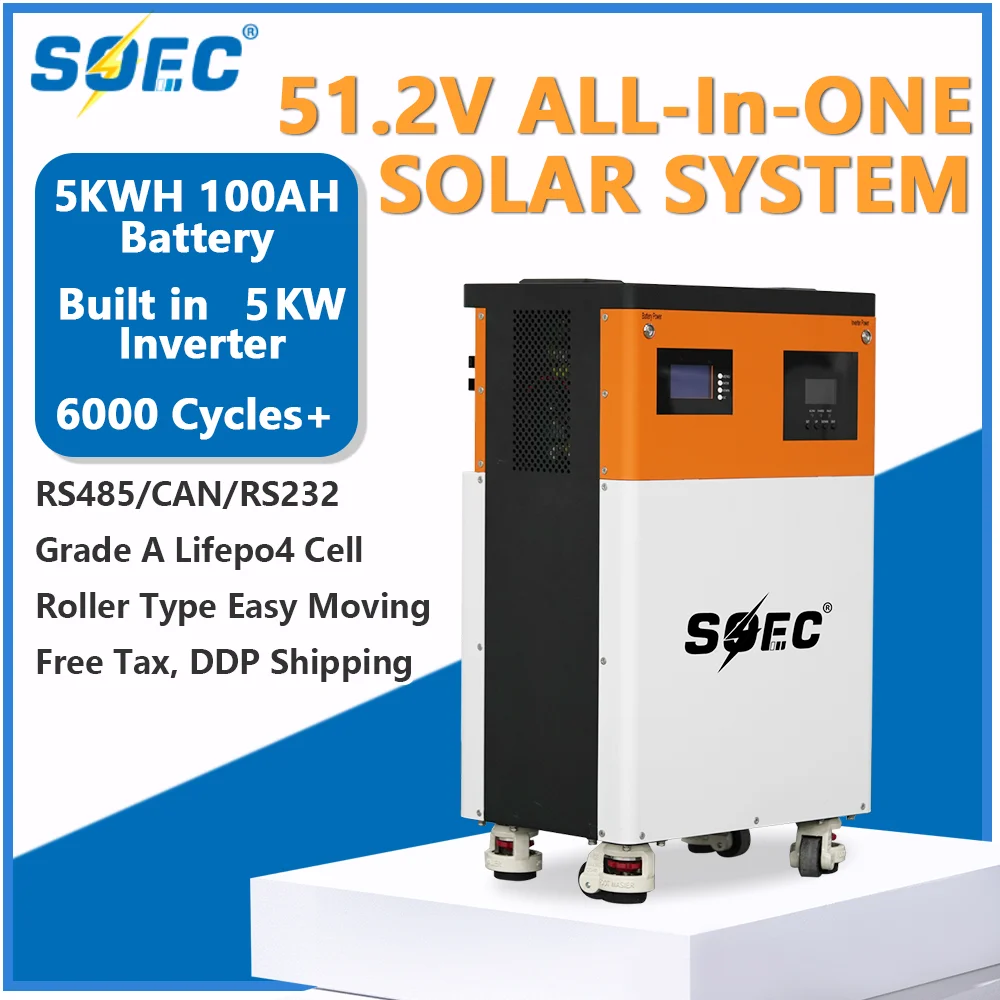 SOEC 5KWH 51.2V 100AH Lifepo4 Battery Pack 48V Small Power Wall Built in 5KW MPPT Inverter for Home Energy Storage System