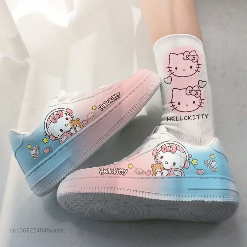 Sanrio Hello Kitty Shoes Women Cartoon Printed Board Shoes Y2k Girls Fashion Sneakers Cute Cinnamoroll Student White Flat Shoes