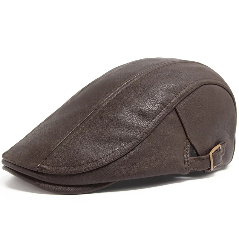 Beret Hat Fashion PU Leather Men Retro British Style Forward Hat Autumn and Winter Thick Casual Cap