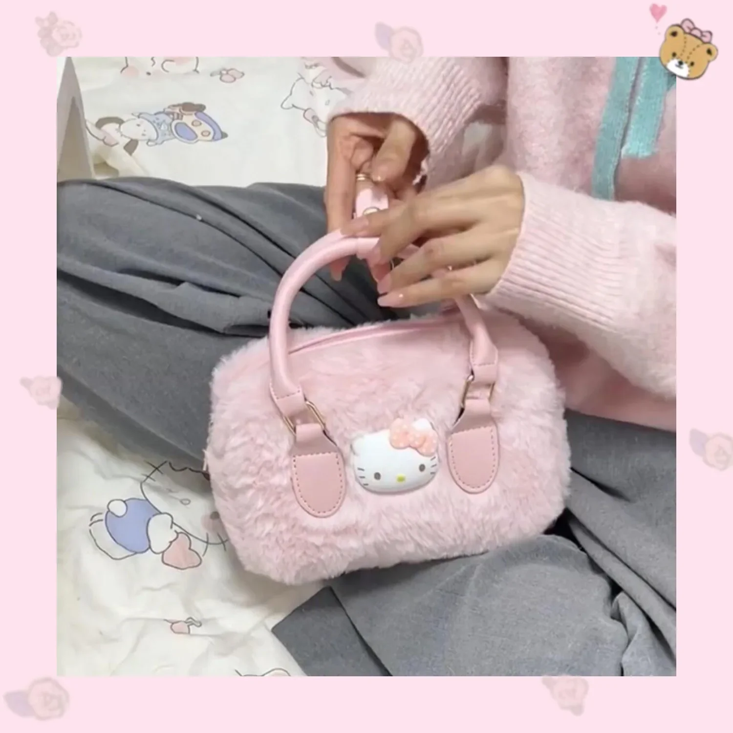 MINISOHello Kitty Cute Plush Handbag Kitty Girly Heart Versatile Crossbody Bag Sweet Furry Shoulder Bag