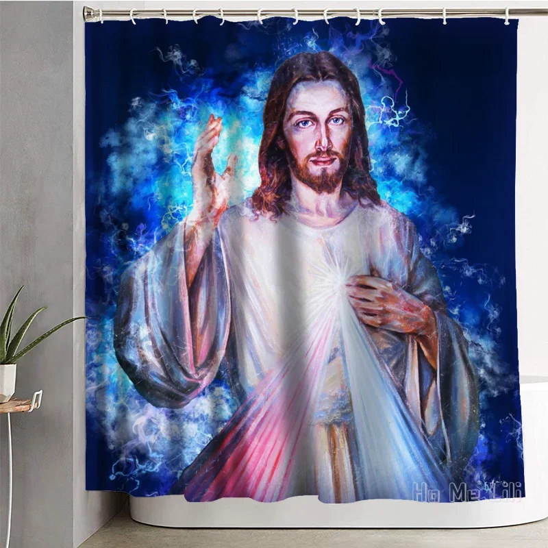 The Holy Jesus Watches You With Red And Blue Light Of Lightning By Ho Me Lili Shower Curtain With Hooks