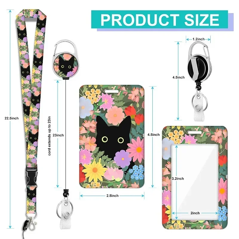 Aesthetic Cat Floral Card Holder with Badge Retractable Reel Lanyard Set for Women Cute Black Cat Pull Buckle Card Cover Case