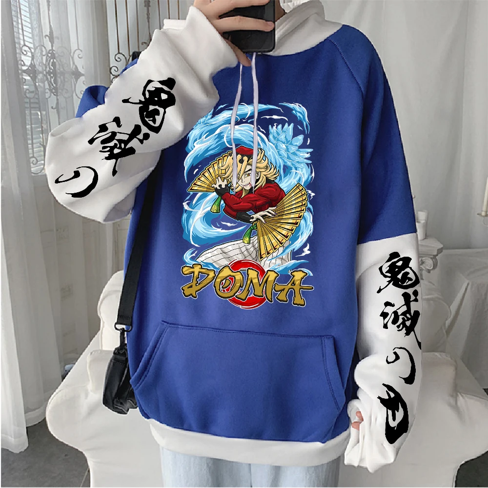 Hot Anime Demon Slayer Douma Printed Hooded Men Patchwork Hoodies Casual Loose Sweatshirt Manga Streetwear Harajuku Pullover