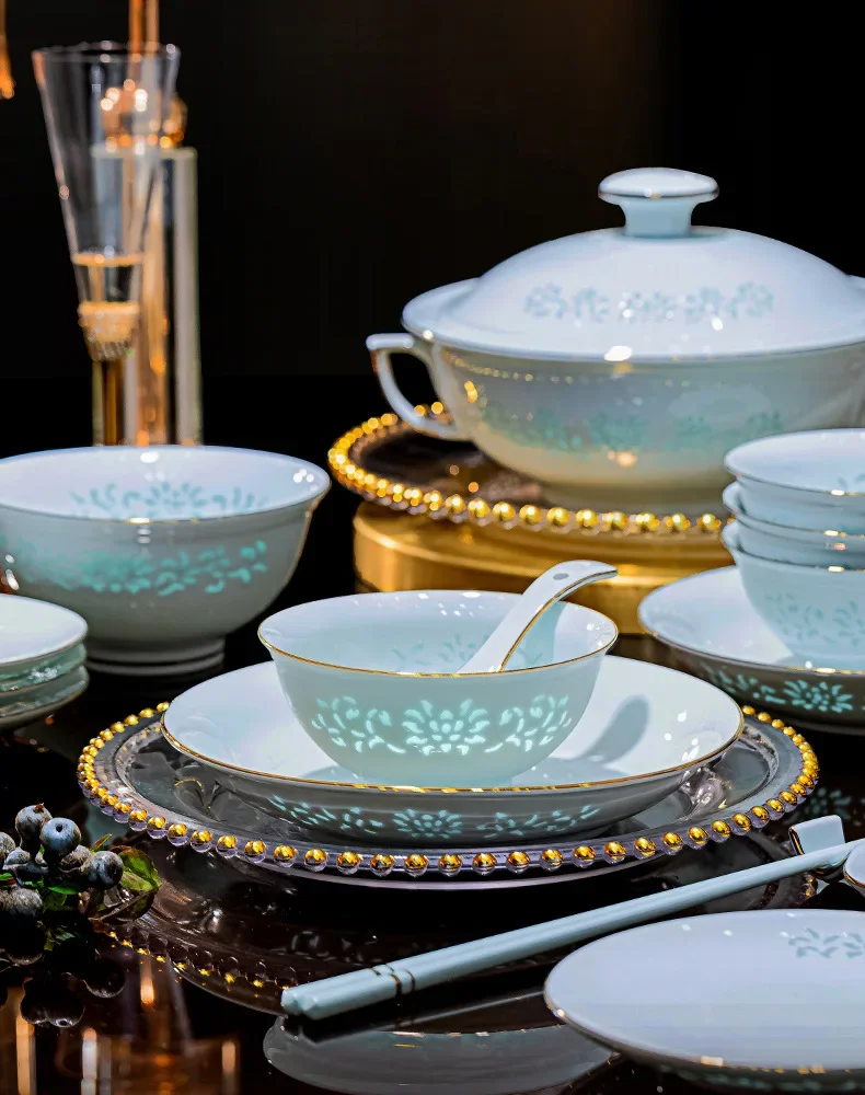 high white porcelain celadon glaze exquisite tableware suit bowl, plate and dish combination complete set