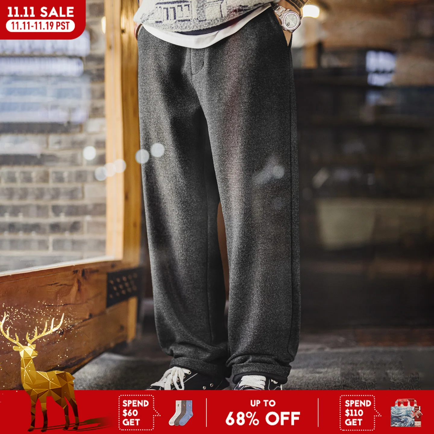 

Серые мужские брюки прямого кроя из утолщенной ткани с эффектом шерсти. Теплые повседневные и офисные брюки для осенне-зимнего сезона