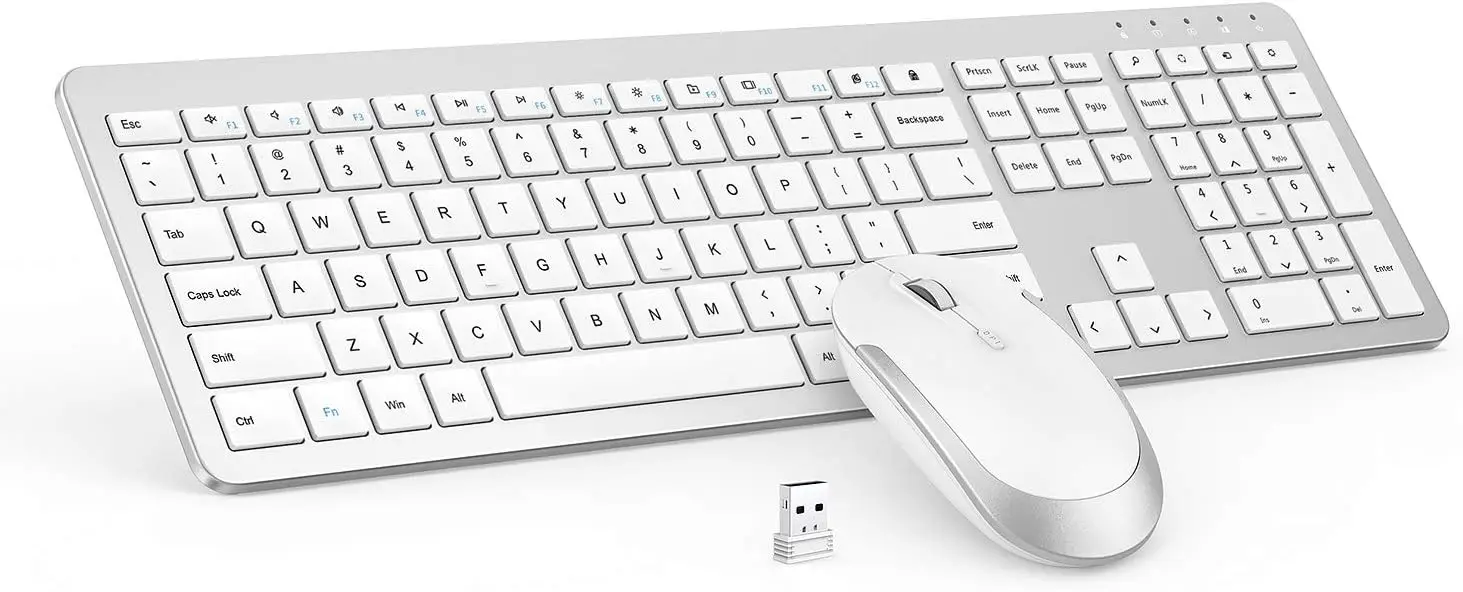 

Full Size Wireless Keyboard Mouse Combo - 2.4G Slim Design with Numeric Keypad, Adjustable DPI, Quiet Clicks (White/Silver)