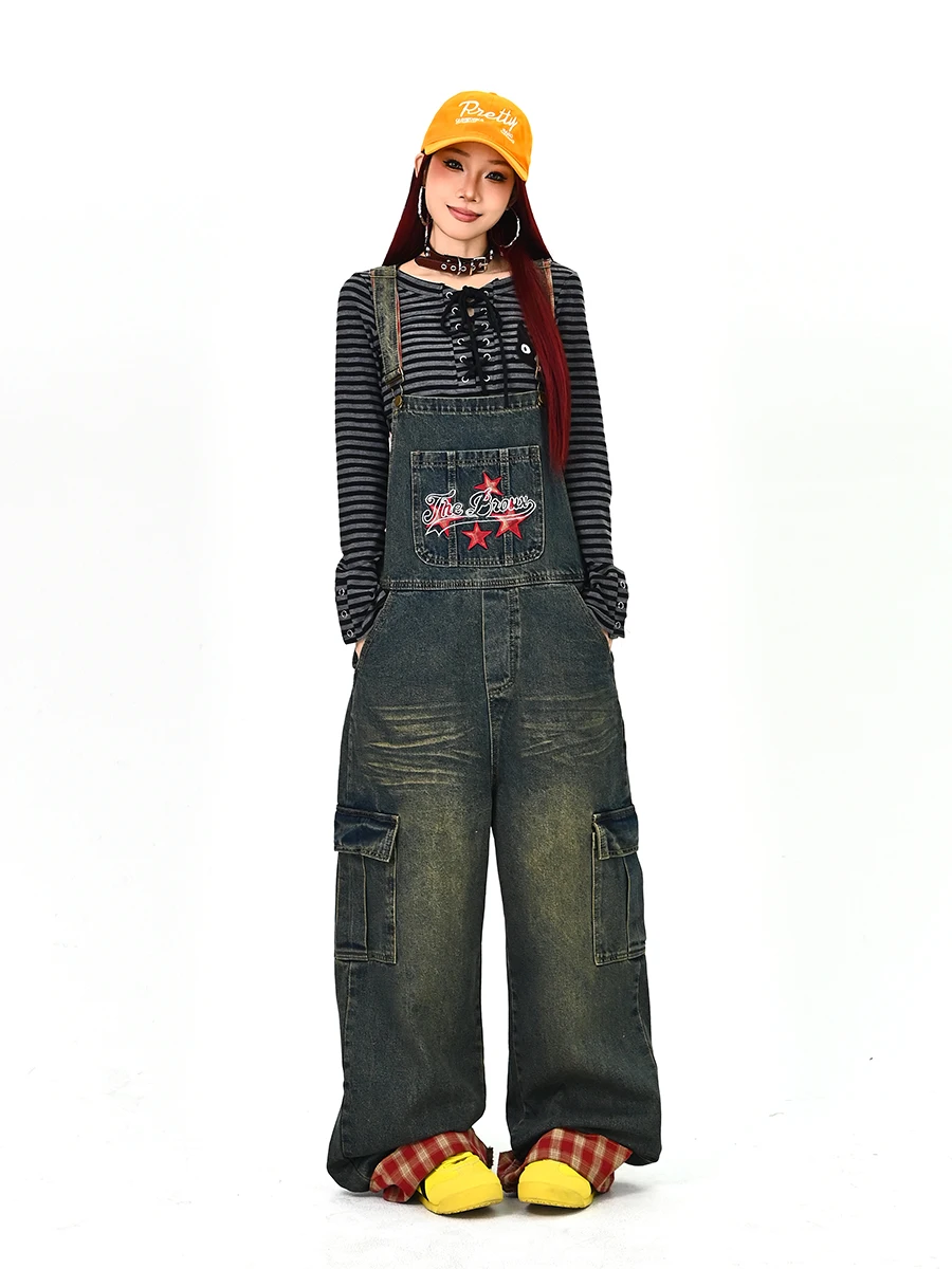 

Stars Curl Denim Overalls Women's Loose Bf Korean Sle Street Long Pants Spring New Arrival Casual Neutral Wind Jeans